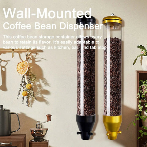 Next Level Wall Mounted Coffee Bean Dispenser With Large Capacity Aluminum Sealed Jars 2 Pack Blue For Fresh Roast Kitchen Setup No Cap Easy Mount Design Slays Clutter, showing black and gold dispensers with coffee beans.