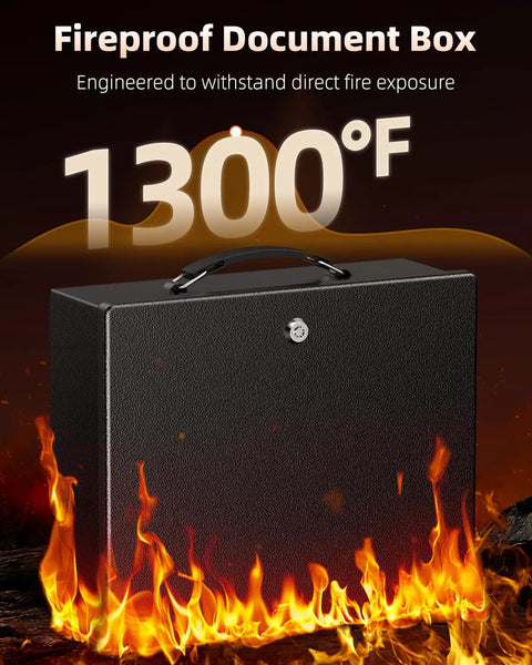 Heavy Duty Fireproof Document Box With Lock And Handle Large Portable Metal Safe For A4 Papers surrounded by flames, 1300°F