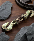 No Nonsense Heavy Duty Double Clevis Slip Hooks 2 Pack with chain on wooden surface, tough alloy steel construction.