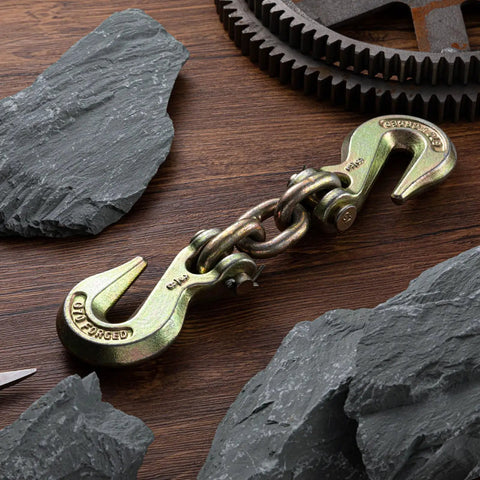 No Nonsense Heavy Duty Double Clevis Slip Hooks 2 Pack with chain on wooden surface, tough alloy steel construction.