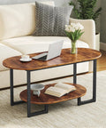 Oval Wood Coffee Table With Dual Open Storage Shelves Chill Farmhouse Vibe For Cozy Living Rooms And Home Offices Rustic Brown Finish Sturdy Base on area rug with laptop and decor