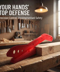 Heckuva Woodworking Push Stick With Safety Block For Table Saw Router Or Band Saw Shop Gear featuring red ABS design on a workbench.