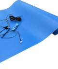 Blue ESD mat kit with wrist strap and ground cord, top-down view showing certification seal.
