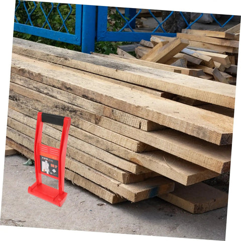 Heavy Duty Drywall Carrier With Grooved Brace And Slip Resistant Abs Handle For Plasterboard next to stacked plywood panels.