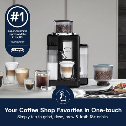 Front view of Rivelia Automatic Espresso Machine With Built In Burr Grinder And Milk Frother One Touch Barista Quality Hot And Iced Lattes Cappuccinos Bean Switch System Compact Italian Design Black with coffee cups.