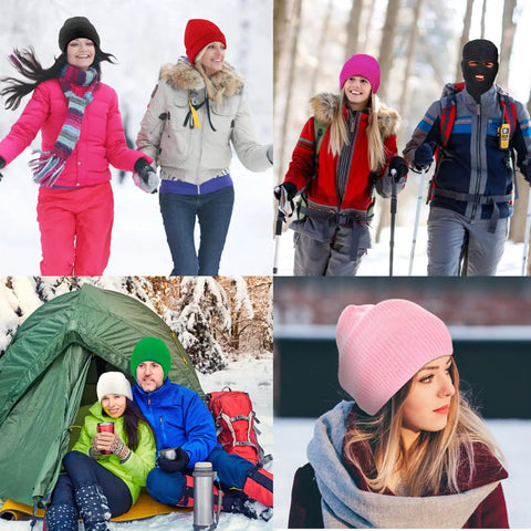 Group of people in winter clothing, one with a 2 Pack 3 Hole Full Face Mask Balaclava Ski Mask For Winter Outdoor Sports Soft Polyester Cotton Face Cover Keeps Eyes And Mouth Exposed While Shielding From Cold Wind For Cycling Snowboarding Skiing Halloween Gear Black in snowy forest.