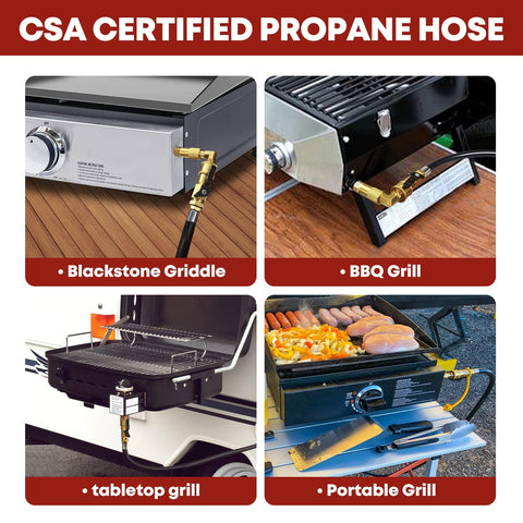 CSA certified propane hose connected to Blackstone griddle, BBQ grill, tabletop grill, and portable grill.