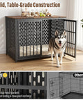 Super Smooth Setup Heavy Duty Dog Crate Furniture 42 Inch Decorative Kennel End Table Nightstand Rustic Brown Indoor Pet House Secure Playpen With Ultra Cozy Mat For Large Dogs with a large dog in front of the crate.