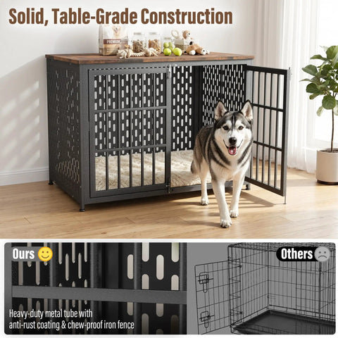 Super Smooth Setup Heavy Duty Dog Crate Furniture 42 Inch Decorative Kennel End Table Nightstand Rustic Brown Indoor Pet House Secure Playpen With Ultra Cozy Mat For Large Dogs with a large dog in front of the crate.