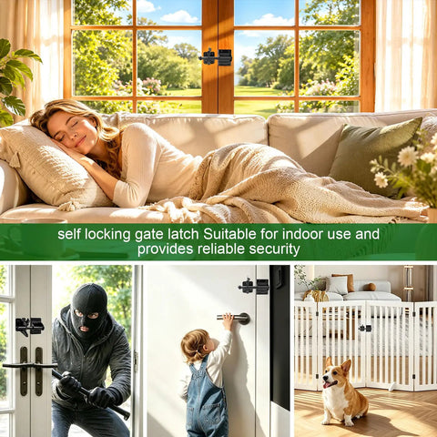 Heavy Duty Self Locking Gate Latch For Wood Fences And Garden Gates Beefy Steel Frame With Rust Resistant Black Coating shown indoors with kids and pets.