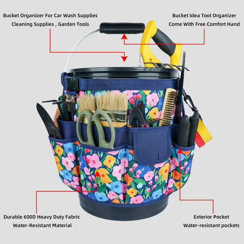 Bucket Caddy Organizer For Garden Tools Fits 3.5 To 5 Gallon Buckets with tools, blue flower design, multiple pockets, glove clip.