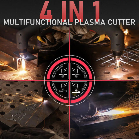 4 In 1 Plasma Cutter With 65 Amp Dual Voltage 110 Volt 220 Volt Non High Frequency Non Touch Pilot Arc For Plate Cutting Grid Cutting Gouging And Marking A Versatile Workhorse Multifunctional Cutting Machine Cut 65DS Plus in use cutting metal plates and grids.