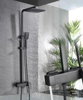 UMJIGF Shower System Set, Exposed Shower Faucet with 8 Inch Shower Head and Hand Shower in Black, mounted in modern shower space.