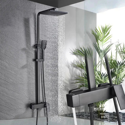 UMJIGF Shower System Set, Exposed Shower Faucet with 8 Inch Shower Head and Hand Shower in Black, mounted in modern shower space.