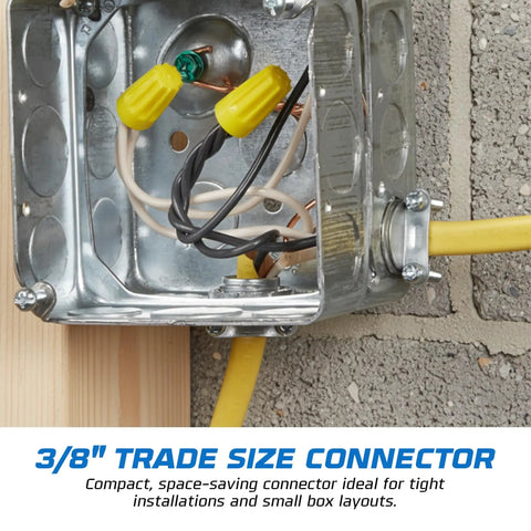 Beefy Zinc Alloy Half Inch Clamp Type Cable Connectors installed in electrical box with wires and metal conduit