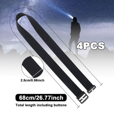 Elastic Headlamp Strap Replacement Band For Comfort Fit, 4 Pack, 68cm nylon headband, black color, shown with night sky backdrop