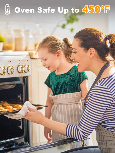Woman and child baking with precut parchment paper sheets 200 pack unbleached nonstick baking sheets 16x24 inches in the oven.