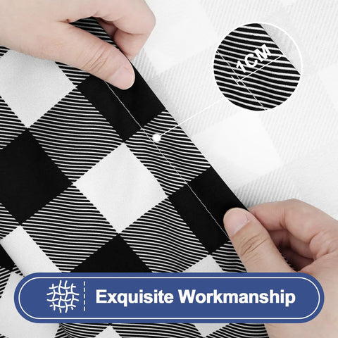 Close-up of Buffalo Plaid Waterproof 3 Piece Picnic Table Cover Set With Bench Covers showing stitching detail and measurement.
