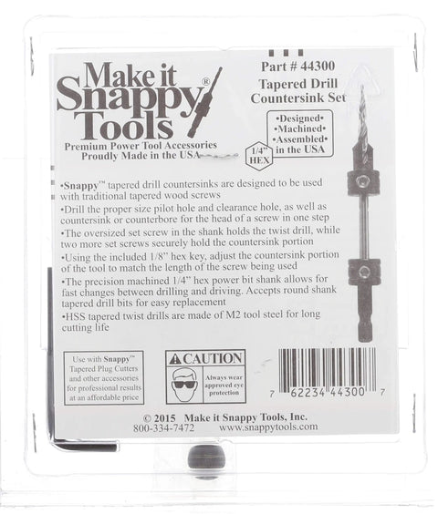 Back label of a Three Piece Tapered Drill Bit Countersink Set With Reusable Hex Shank For Quick Screws Made In USA In Three Sizes