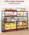 Badass Heavy Duty Four Tier Garage Storage Shelves With Wide Metal Frame For Storing Bulky Tools Workshop Gear And House Items In Classic Black Finish For Any Space, showcasing storage of food and appliances.
