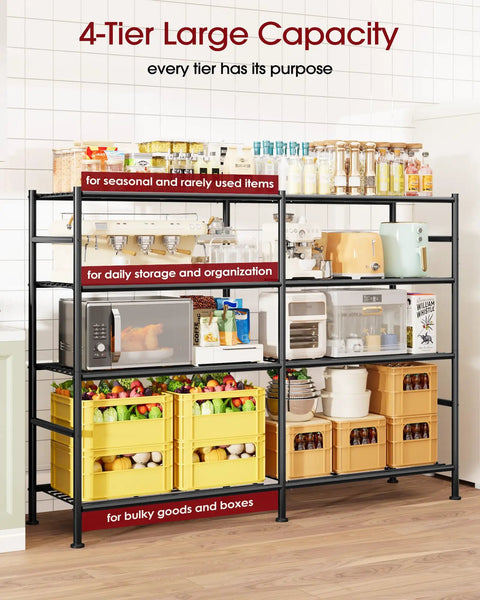 Badass Heavy Duty Four Tier Garage Storage Shelves With Wide Metal Frame For Storing Bulky Tools Workshop Gear And House Items In Classic Black Finish For Any Space, showcasing storage of food and appliances.