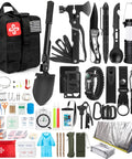 250-piece outdoor survival gear kit with MOLLE-compatible bag and emergency tent; includes knife, axe, flashlight, rope, and first-aid items.