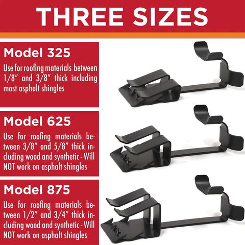 Nail Free Roof Cable Clips For Heat Tape And Electric Cables in three sizes: 325, 625, 875, shown on red background with descriptions