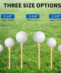 Three sizes of personalized bamboo golf tees set from 100 to 1000 pieces, custom text or logo printed on 3-1/4, 2-3/4, and 2-1/8 inch tees.