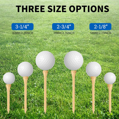 Three sizes of personalized bamboo golf tees set from 100 to 1000 pieces, custom text or logo printed on 3-1/4, 2-3/4, and 2-1/8 inch tees.