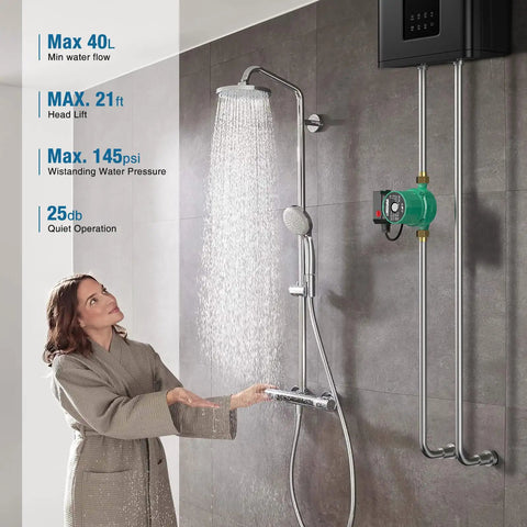 Woman enjoying hot shower with On Demand Hot Water Recirculating Pump 93W 110V Three Speed Control Durable Cast Iron Head Aluminum Housing