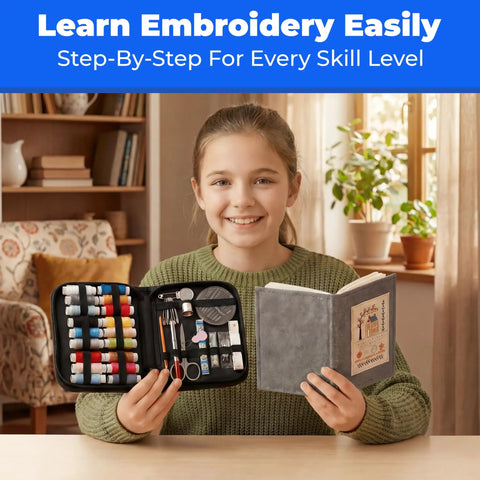 Child holding Beginner Embroidery Kit With 86-Piece Tools Set And Hoop beside a DIY cross stitch practice book