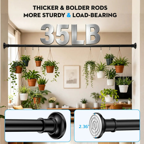 Heavy Duty Tension Curtain Rod No Drill Quick Install For Patio Shower And Windows 1.1 Inch Diameter Thick Spring No Rust Adjustable 43 To 131 Inches supporting plants and weights indoors.