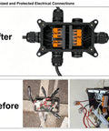 IP65 Waterproof Outdoor Junction Box With Cable Glands For Lever Nut Connectors, before and after wiring comparison