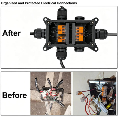 IP65 Waterproof Outdoor Junction Box With Cable Glands For Lever Nut Connectors, before and after wiring comparison