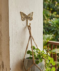 Solid Brass Butterfly Wall Hooks With 33 Lb Capacity, Vintage Gold Finish, holding a hanging plant on porch