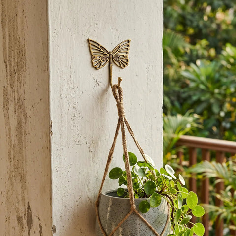 Solid Brass Butterfly Wall Hooks With 33 Lb Capacity, Vintage Gold Finish, holding a hanging plant on porch