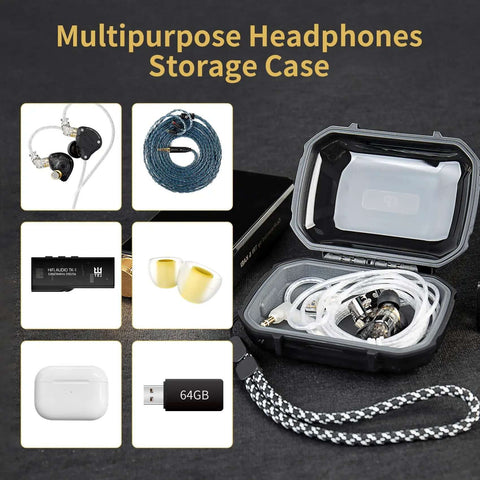 Road Ready Hard Shell In Ear Monitor Case To Keep Your Earbuds Locked Down While Rolling Out Waterproof Shockproof Storage Box Fits Kz Shure And More Gear In Clear Black with earbuds and cable inside.