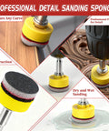 Collage showing yellow 63 Piece 1 Inch Sanding Discs Kit With Hook And Loop for curved wood, metal, resin surfaces, dry/wet sanding.