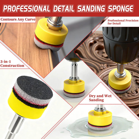 Collage showing yellow 63 Piece 1 Inch Sanding Discs Kit With Hook And Loop for curved wood, metal, resin surfaces, dry/wet sanding.