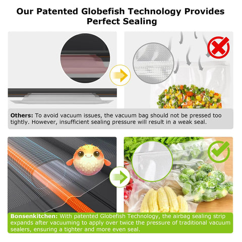 Diagram showing patented Globefish Technology sealing with an expandable airbag for effective vacuum bag sealing.
