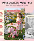 Magical Pink Unicorn Bubble Machine For Toddlers Ages Two To Four, Portable Electric Toy With Bright LED Lights And Easy Push Walker Design in a park.