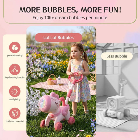 Magical Pink Unicorn Bubble Machine For Toddlers Ages Two To Four, Portable Electric Toy With Bright LED Lights And Easy Push Walker Design in a park.