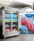 Heavy Duty Two Door Reach In Commercial Freezer 49 Cu Ft Stainless Steel with fish and meat on shelves inside.