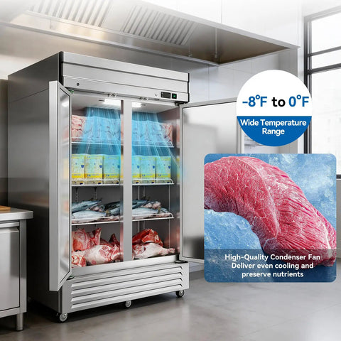 Heavy Duty Two Door Reach In Commercial Freezer 49 Cu Ft Stainless Steel with fish and meat on shelves inside.
