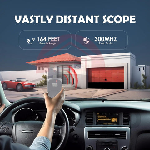 Person inside car using MultiCode Gate Opener Remote Compatible With 300MHz 3089 308911 MCS308911 3060 3070 Garage Door Opener