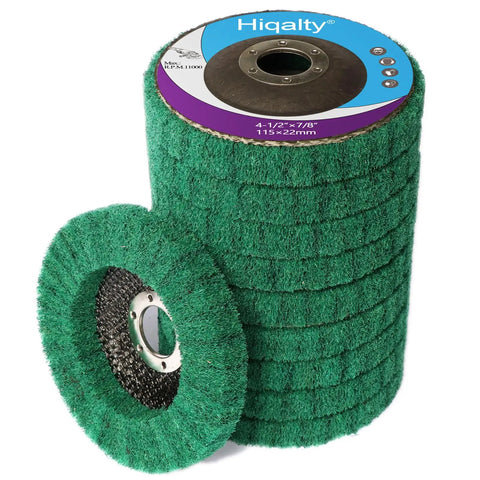 Stack of green Nylon Fiber Flap Disc Polishing Wheel for Angle Grinder 4.5 Inch by 7/8 Inch, shown side and top view