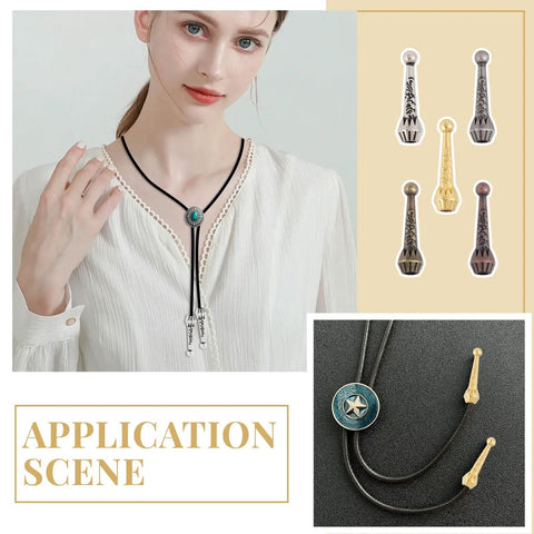 40Pcs Bolo Tie Tips Replacement Ends Set In Five Dope Colors Alloy Cord End Charms For Bolo Tie Making Fashion Findings DIY Crafts Necklace Decor And Clothing Accessories, alloy tips shown on necklace cords