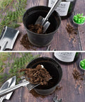 Three Piece Mini Garden Tools Set shown with triangle shovel and spade in potted soil, stainless steel, for succulents and seedlings care
