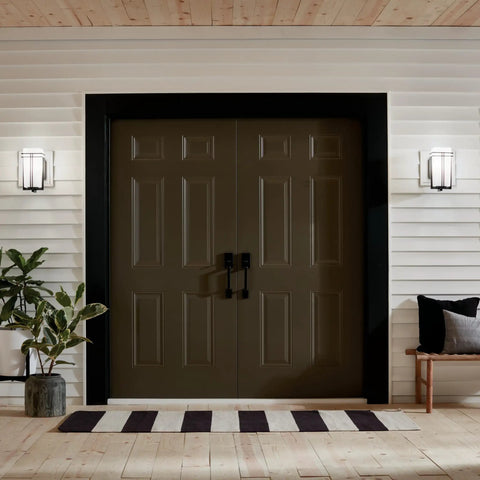 Outdoor Wall Light 1 Light Exterior Wall Sconce With A Slick Black Finish And Satin Etched Opal Glass beside double doors
