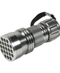 Ultraviolet Blacklight Flashlight 21 LED 380 Nm, aluminum body with a wrist strap, designed for gem and mineral detection.